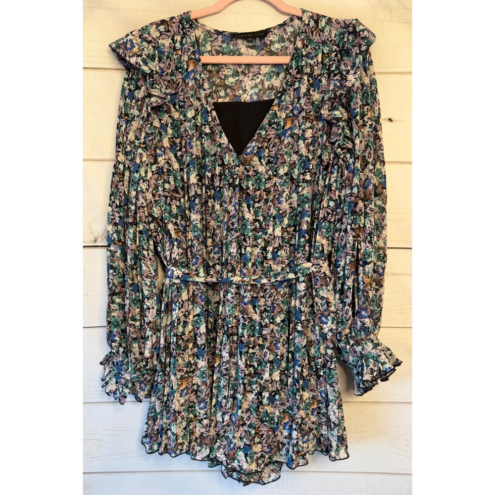 Endless Rose Womens Floral Pleated Ruffle Long Sleeve Tie Waist Romper Blue L